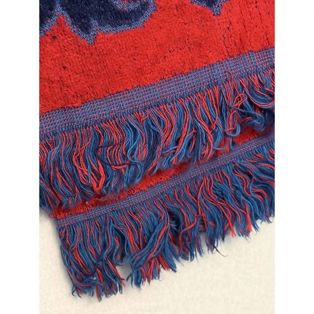 Fashion Manor 5pc Vtg Bath Towel/Washcloth/HandTowel Set/BlueRed/60s-70's/Fringe